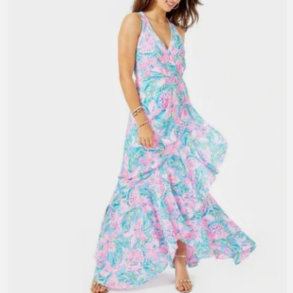 Lilly Pulitzer Maxi Dress Size 8 Taylee Blue Ibiza Gimme the Juice Blue/Pink - Picture 2 of 16